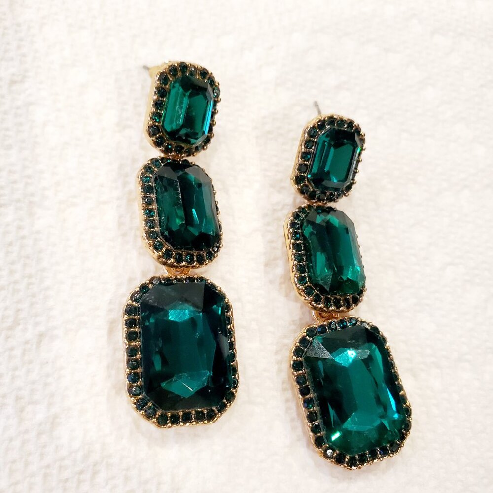 Deep Emerald Green Faceted Glass Stones Dangly Earrings Bezelled w/ Mini Stones